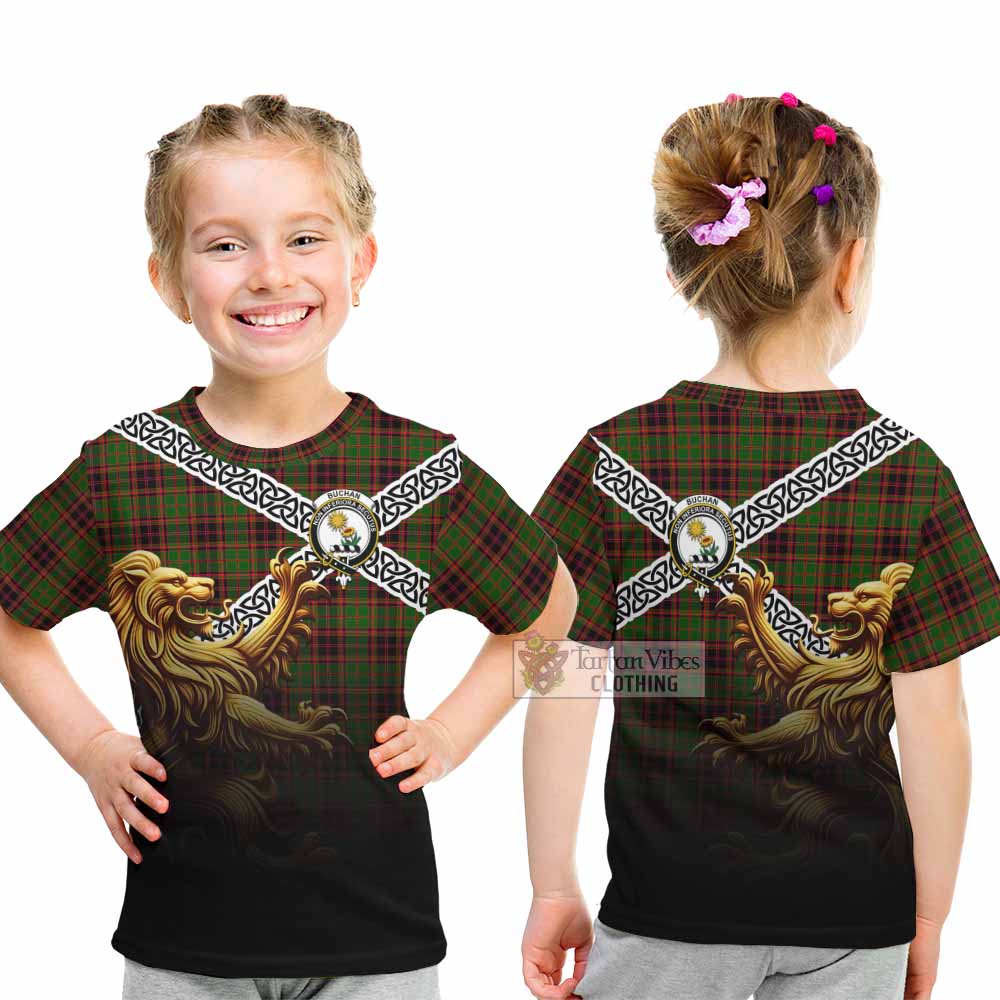 Tartan Vibes Clothing Buchan Crest Tartan Kid T-Shirt with Golden Lion Emblem Celtic Style