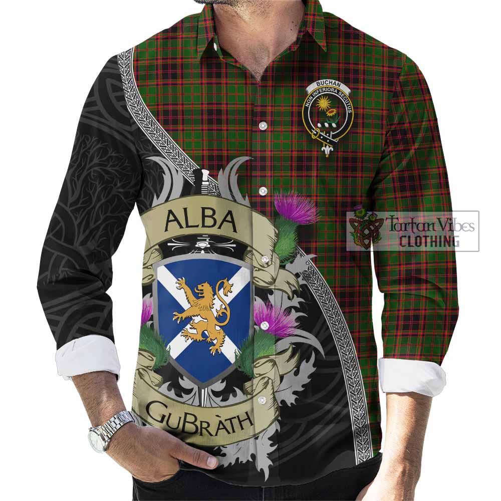 Tartan Vibes Clothing Buchan Tartan Family Crest Long Sleeve Button Shirt Lion Rampant Royal Thistle Shield Celtic Inspired