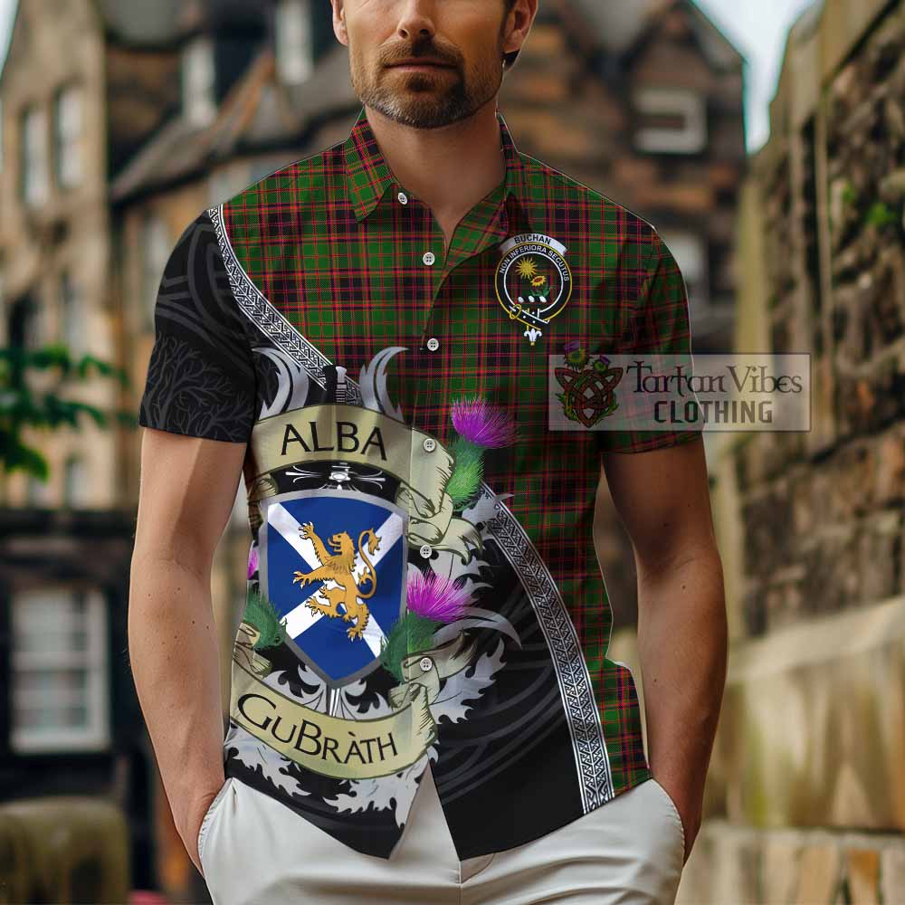 Tartan Vibes Clothing Buchan Tartan Family Crest Short Sleeve Button Shirt Lion Rampant Royal Thistle Shield Celtic Inspired