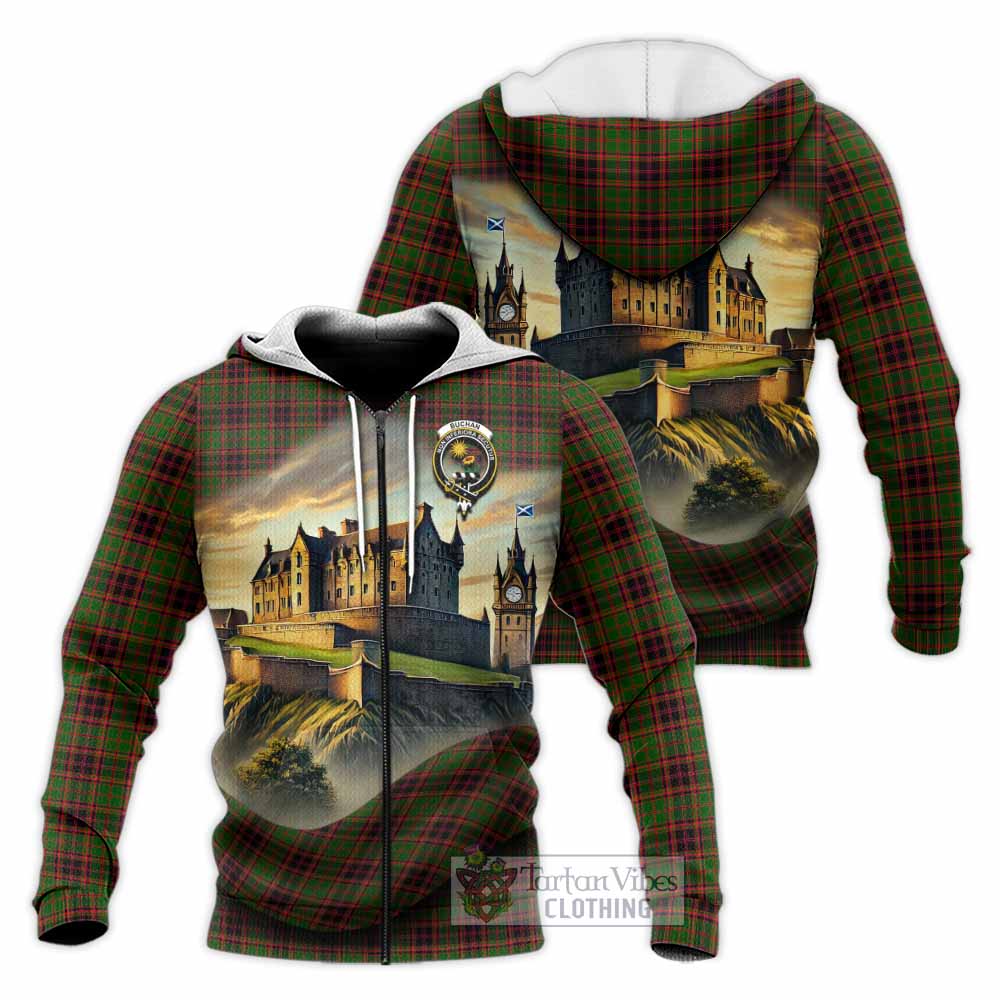 Tartan Vibes Clothing Buchan Tartan Family Crest Knitted Hoodie with Scottish Ancient Castle Style