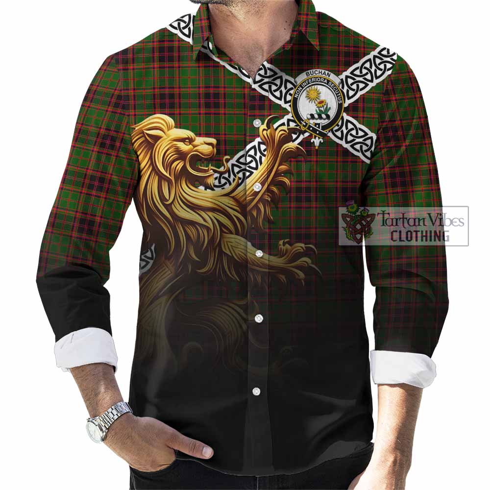 Tartan Vibes Clothing Buchan Crest Tartan Long Sleeve Button Shirt with Golden Lion Emblem Celtic Style