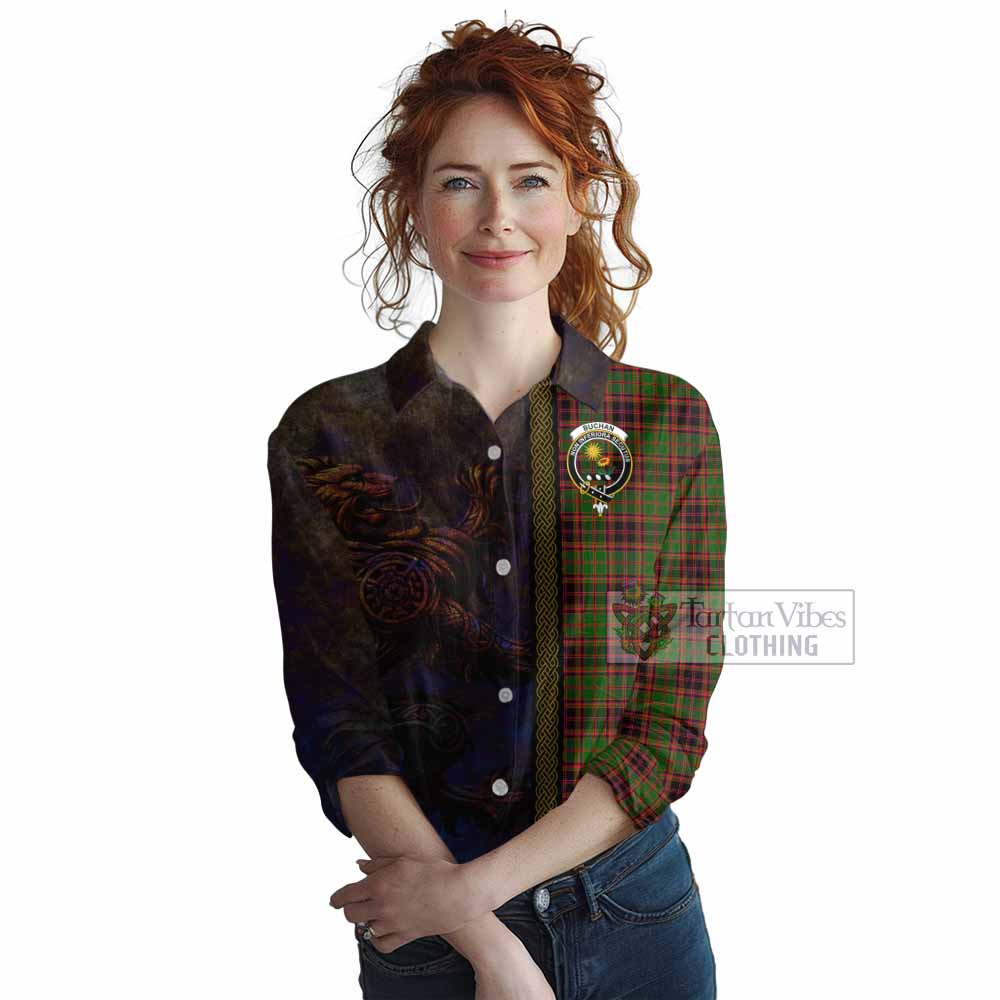 Tartan Vibes Clothing Buchan Tartan Family Crest Women's Casual Shirt Alba Gu Brath Be Brave Lion Ancient Style