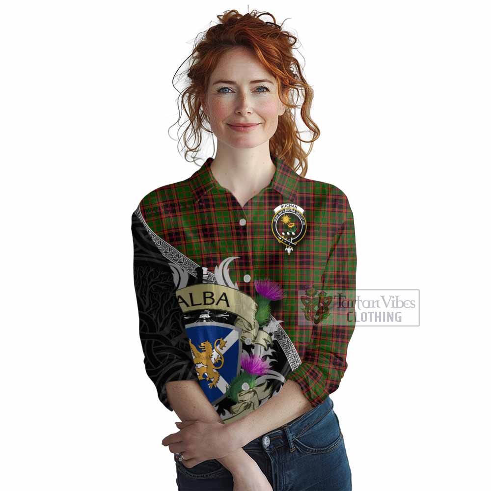 Tartan Vibes Clothing Buchan Tartan Family Crest Women's Casual Shirt Lion Rampant Royal Thistle Shield Celtic Inspired