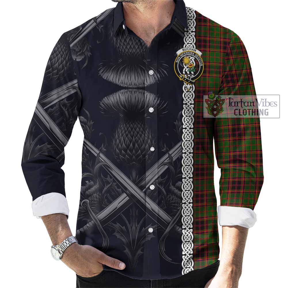 Tartan Vibes Clothing Buchan Tartan Long Sleeve Button Shirt with Family Crest Cross Sword Thistle Celtic Vibes