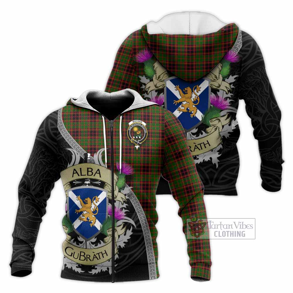 Tartan Vibes Clothing Buchan Tartan Family Crest Knitted Hoodie Lion Rampant Royal Thistle Shield Celtic Inspired