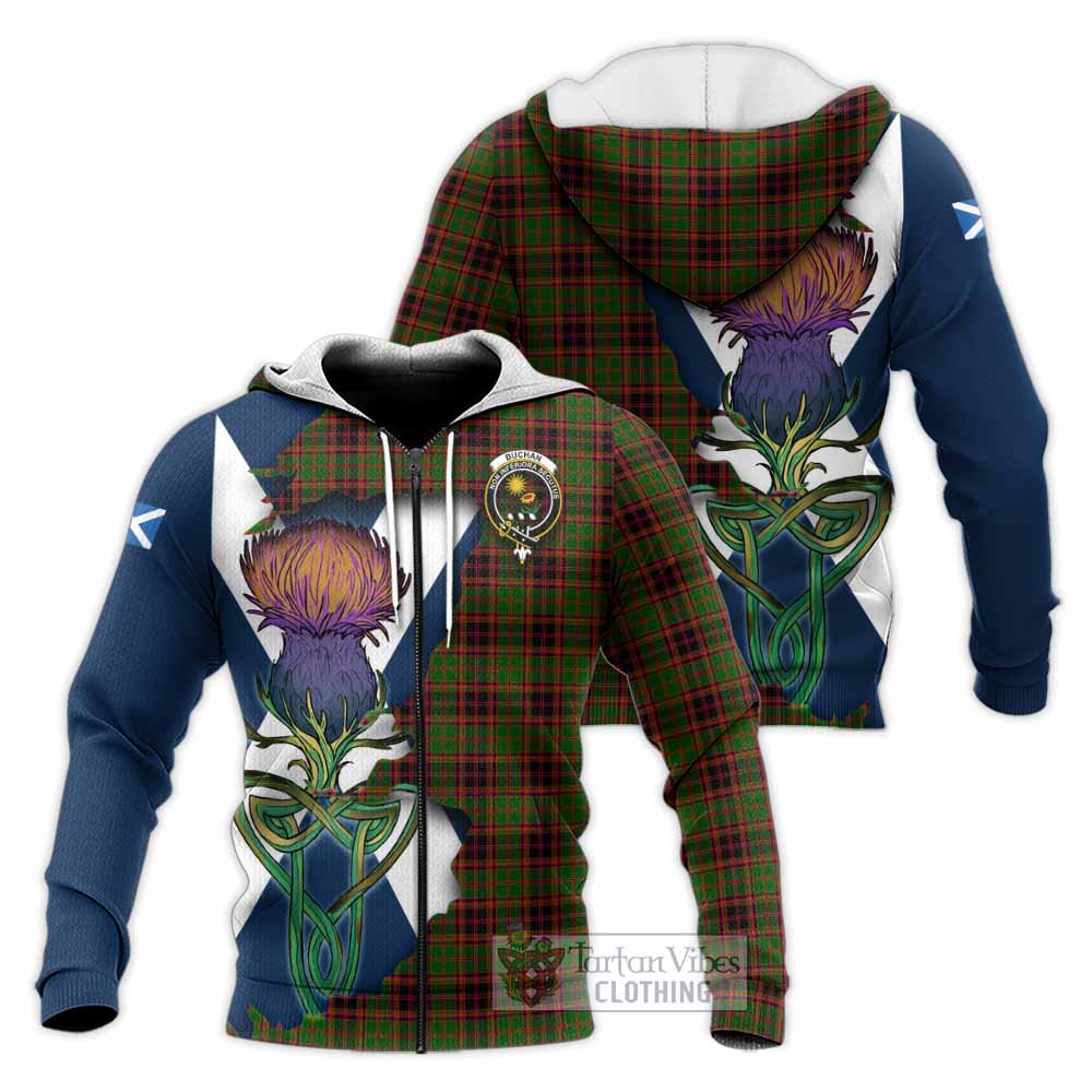Tartan Vibes Clothing Buchan Tartan Family Crest Knitted Hoodie Scottish Thistle Celtic Inspired