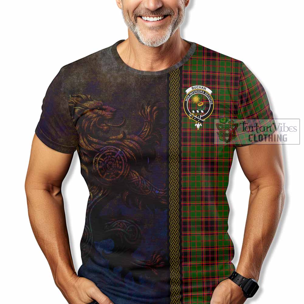 Tartan Vibes Clothing Buchan Tartan Family Crest T-Shirt Alba Gu Brath Be Brave Lion Ancient Style