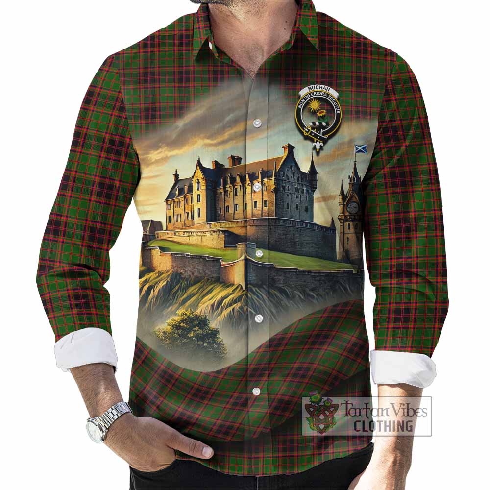 Tartan Vibes Clothing Buchan Tartan Family Crest Long Sleeve Button Shirt with Scottish Ancient Castle Style