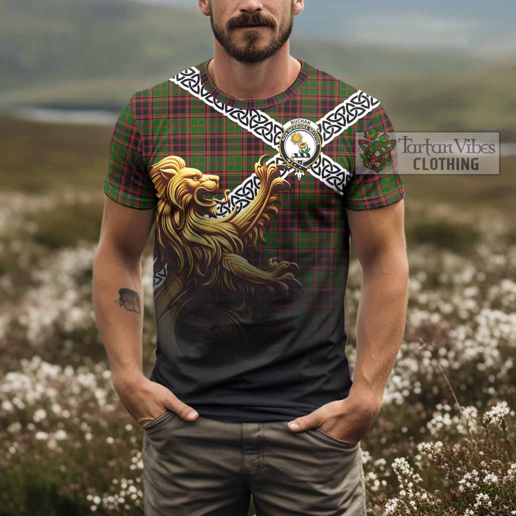 Tartan Vibes Clothing Buchan Crest Tartan T-Shirt with Golden Lion Emblem Celtic Style