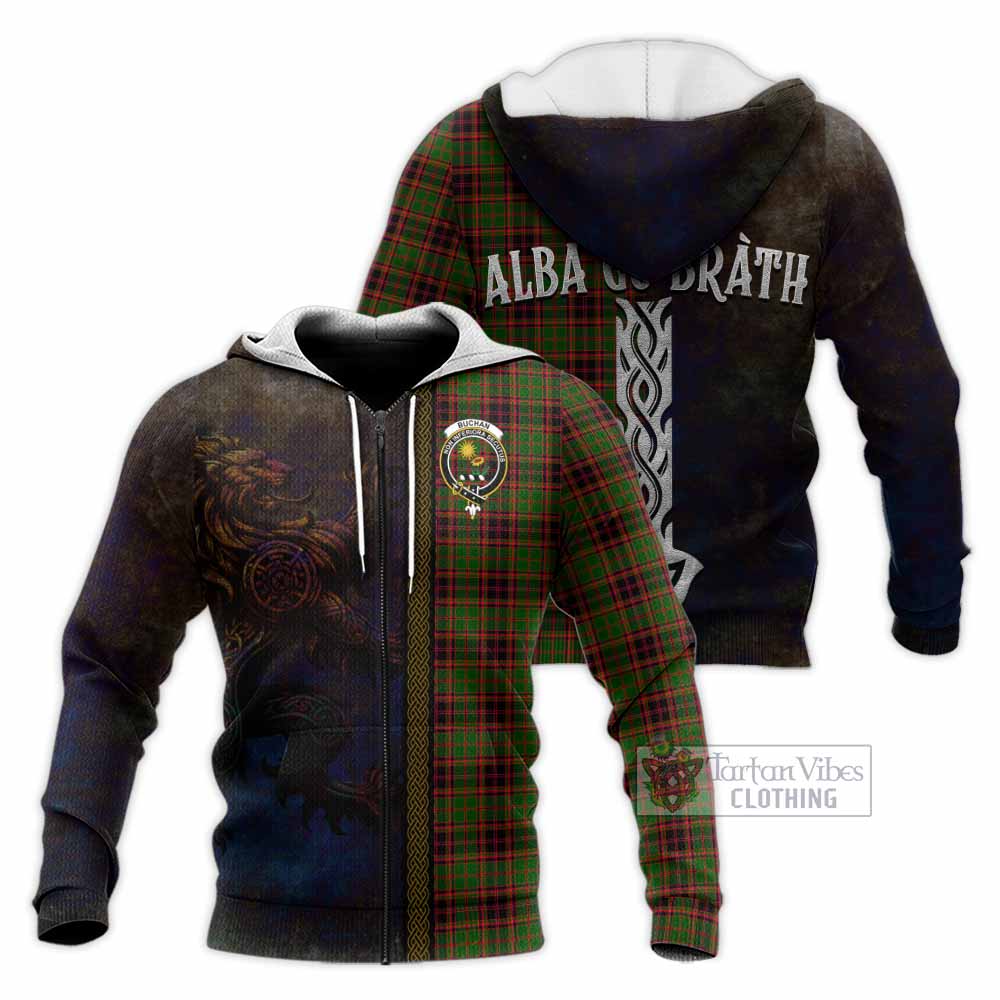 Tartan Vibes Clothing Buchan Tartan Family Crest Knitted Hoodie Alba Gu Brath Be Brave Lion Ancient Style