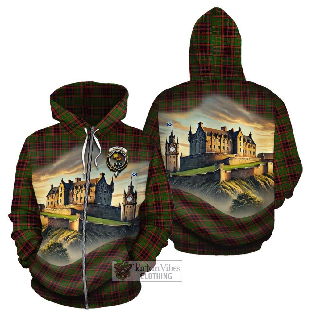 Tartan Vibes Clothing Buchan Tartan Family Crest Cotton Hoodie with Scottish Ancient Castle Style