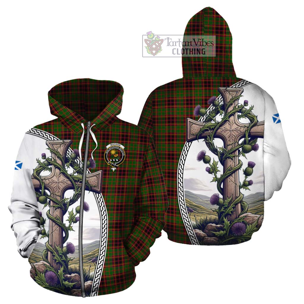 Tartan Vibes Clothing Buchan Tartan Cotton Hoodie with Family Crest and St. Andrew's Cross Accented by Thistle Vines