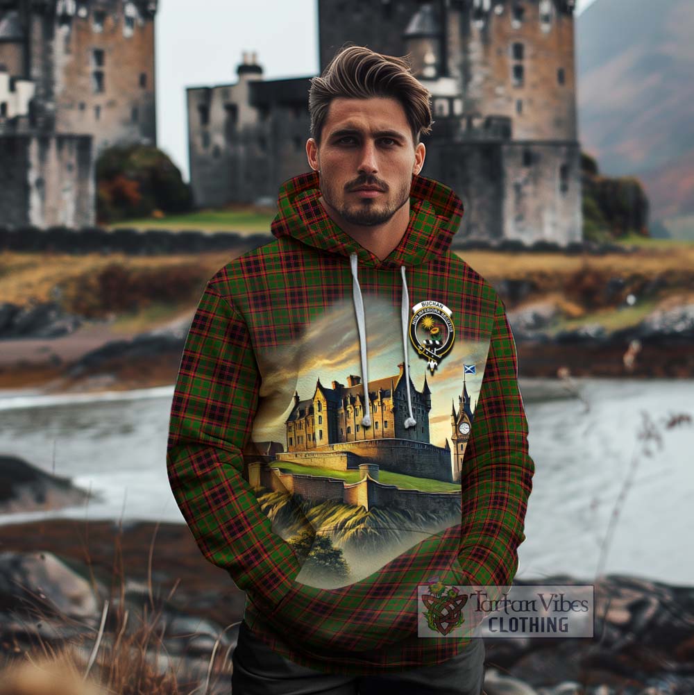 Tartan Vibes Clothing Buchan Tartan Family Crest Cotton Hoodie with Scottish Ancient Castle Style