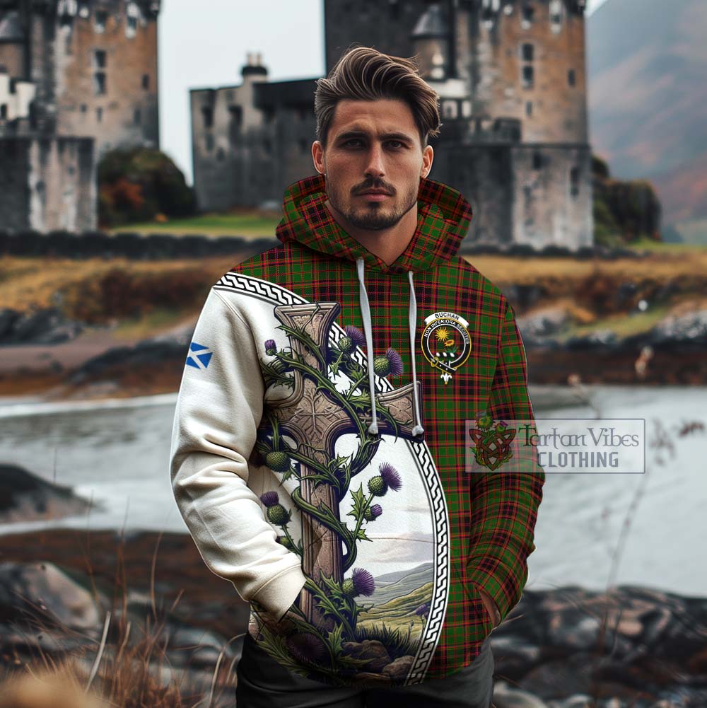 Tartan Vibes Clothing Buchan Tartan Cotton Hoodie with Family Crest and St. Andrew's Cross Accented by Thistle Vines