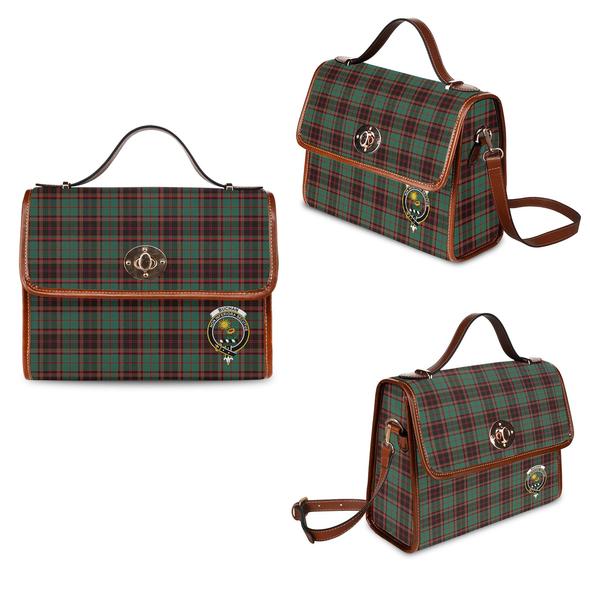 Buchan Ancient Tartan Leather Strap Waterproof Canvas Bag with Family Crest One Size 34cm * 42cm (13.4" x 16.5") - Tartanvibesclothing