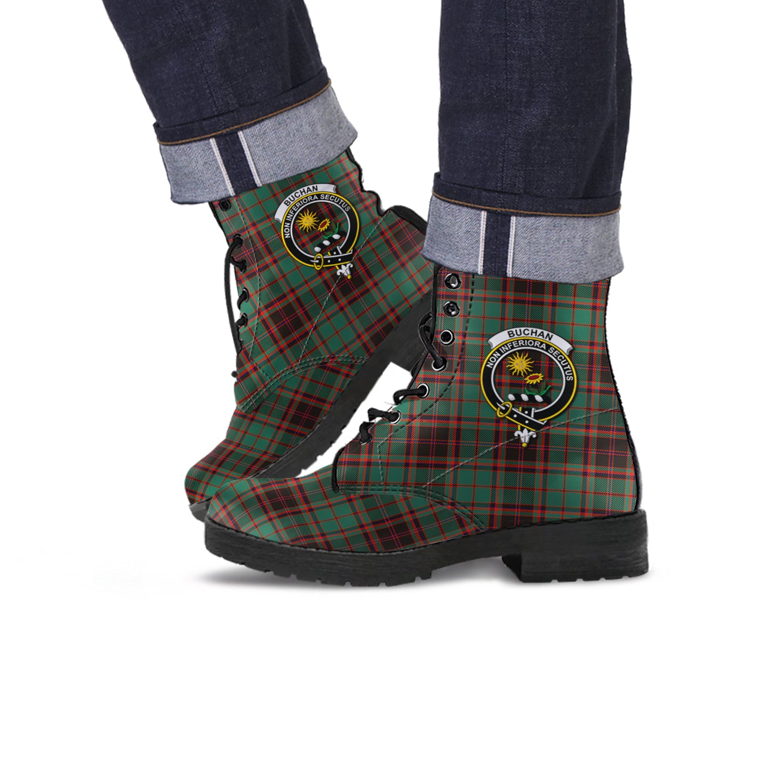 Buchan Ancient Tartan Leather Boots with Family Crest - Tartanvibesclothing