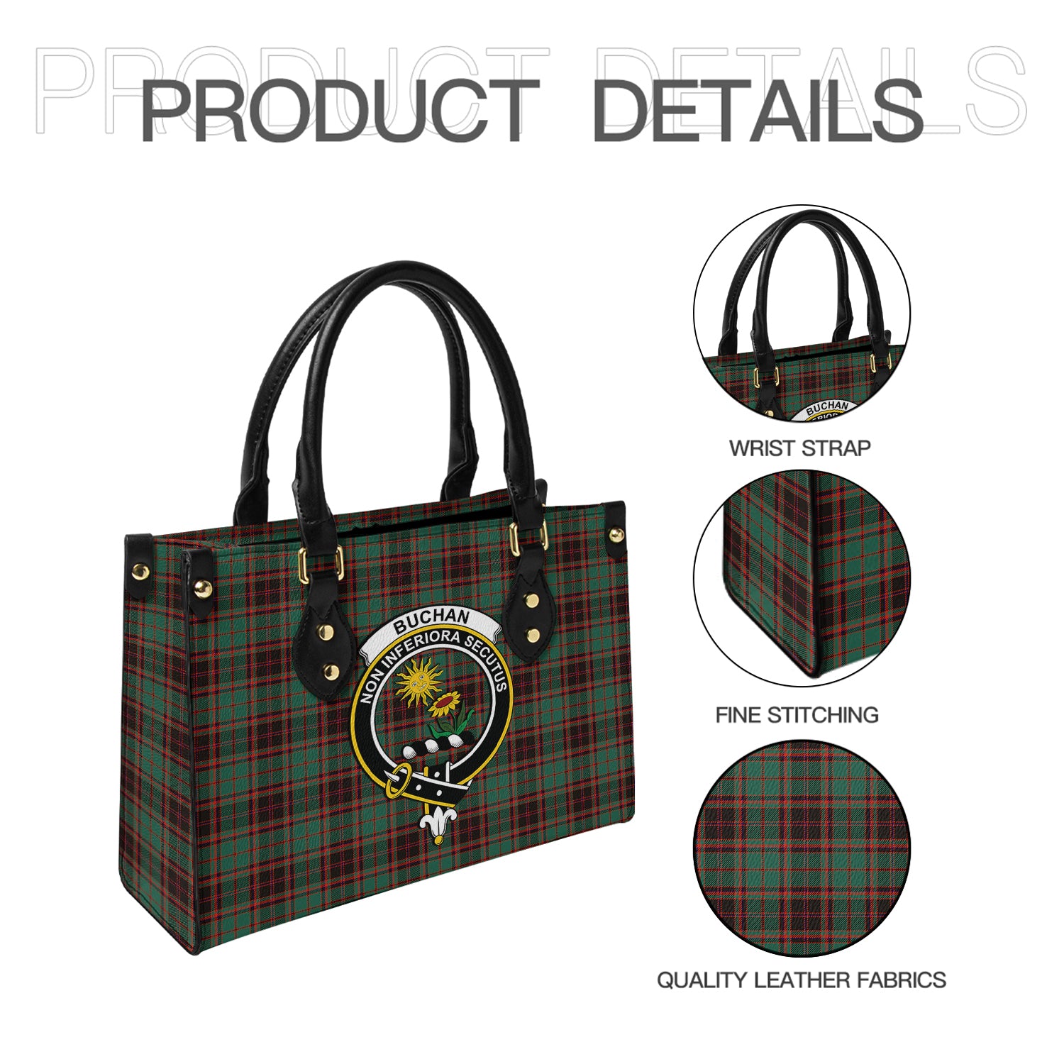 Buchan Ancient Tartan Leather Bag with Family Crest - Tartanvibesclothing