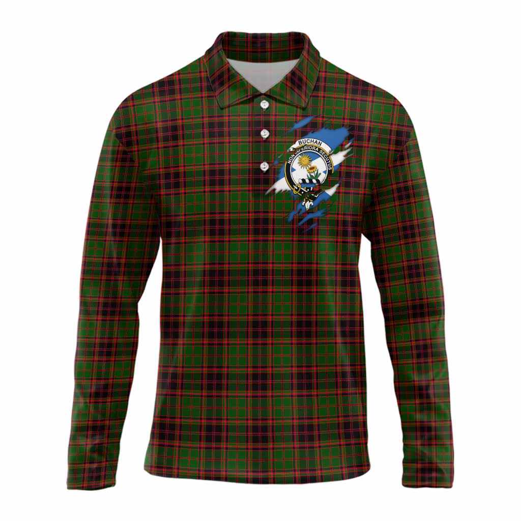 Buchan Clan Crest In Me Tartan Long Sleeve Polo Shirt Scotland Flag Style
