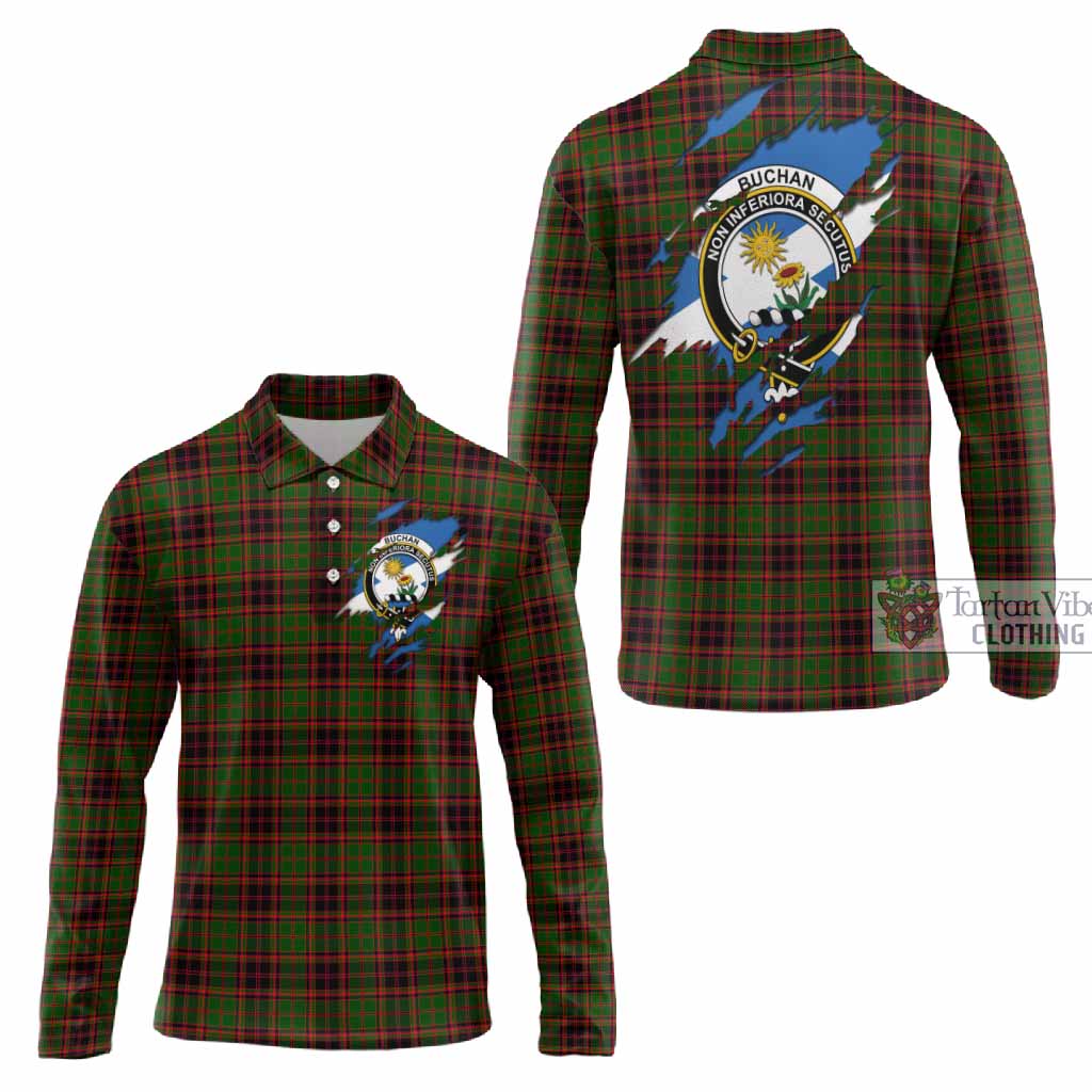 Buchan Clan Crest In Me Tartan Long Sleeve Polo Shirt Scotland Flag Style