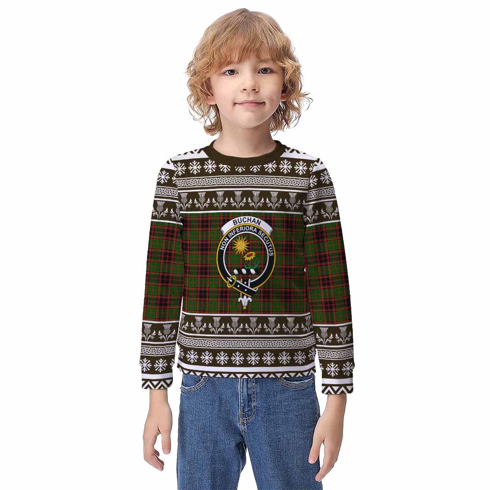 Buchan Clan Tartan Christmas Kid Ugly Sweatshirt with Family Crest - Tartan Vibes Clothing