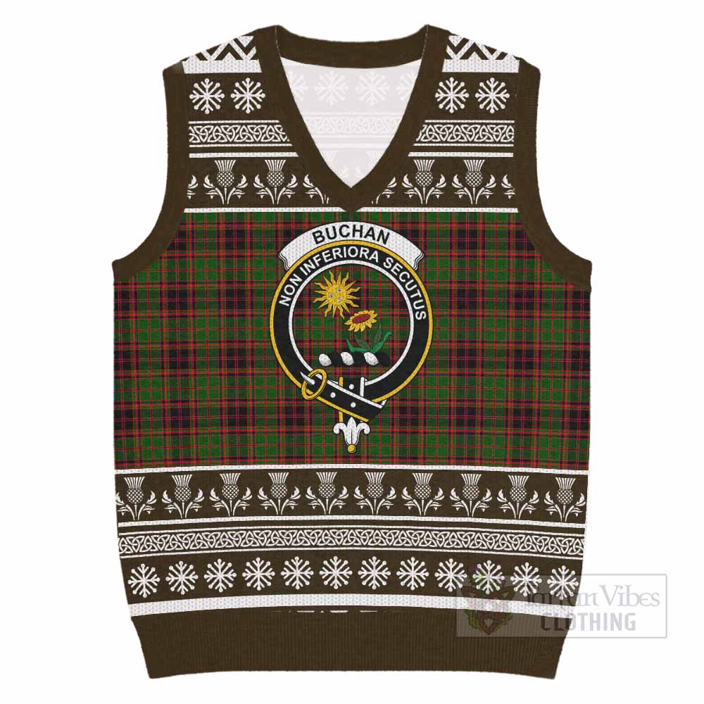 Buchan Clan Tartan Christmas Knitted V-Neck Vest with Family Crest - Tartan Vibes Clothing