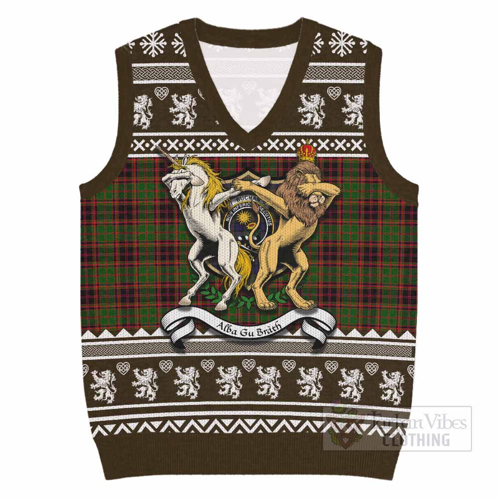 Buchan Clan Tartan Crest Christmas Knitted V-Neck Vest Coat of Arms Funny Style - Tartan Vibes Clothing