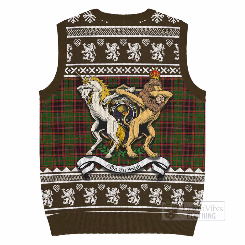Buchan Clan Tartan Crest Christmas Knitted V-Neck Vest Coat of Arms Funny Style - Tartan Vibes Clothing
