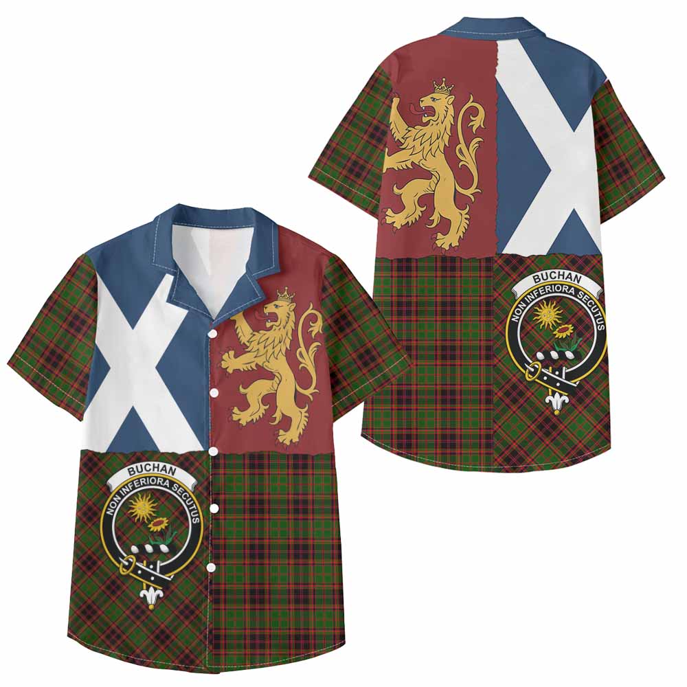 Buchan Crest Tartan Kid Hawaiian Shirt with Lion Rampant Saltire Style - Tartan Vibes Clothing