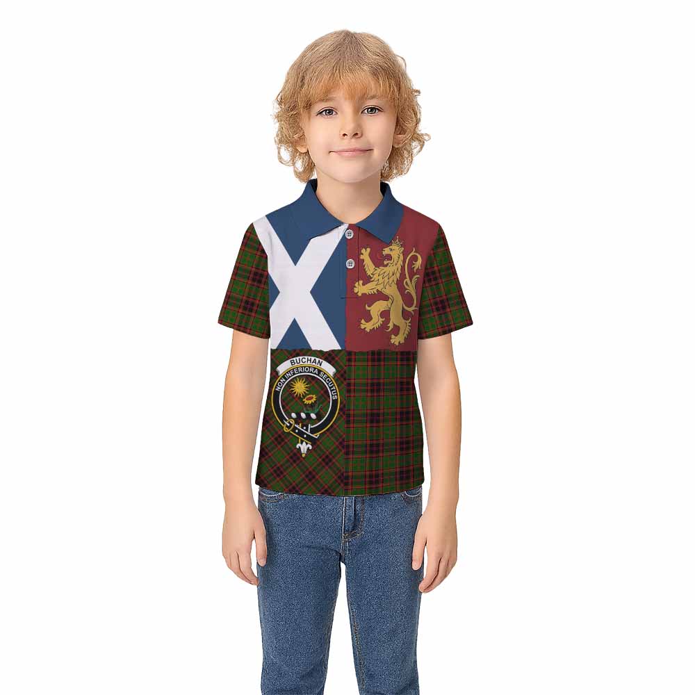 Buchan Crest Tartan Kid Polo Shirt with Lion Rampant Saltire Style - Tartan Vibes Clothing