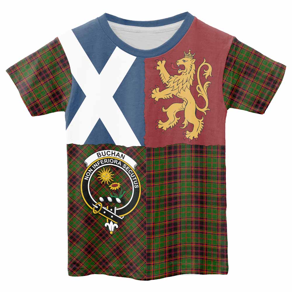 Buchan Crest Tartan Kid T-shirt with Lion Rampant Saltire Style - Tartan Vibes Clothing