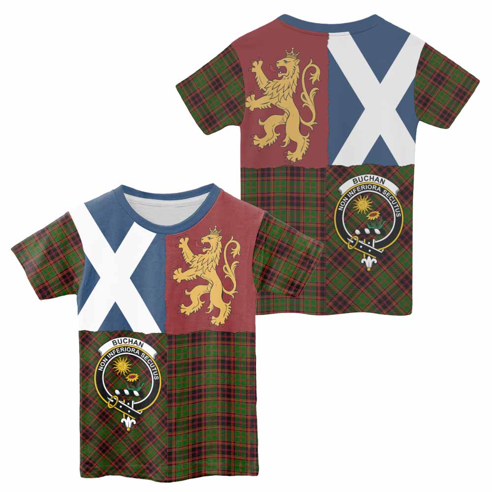 Buchan Crest Tartan Kid T-shirt with Lion Rampant Saltire Style - Tartan Vibes Clothing