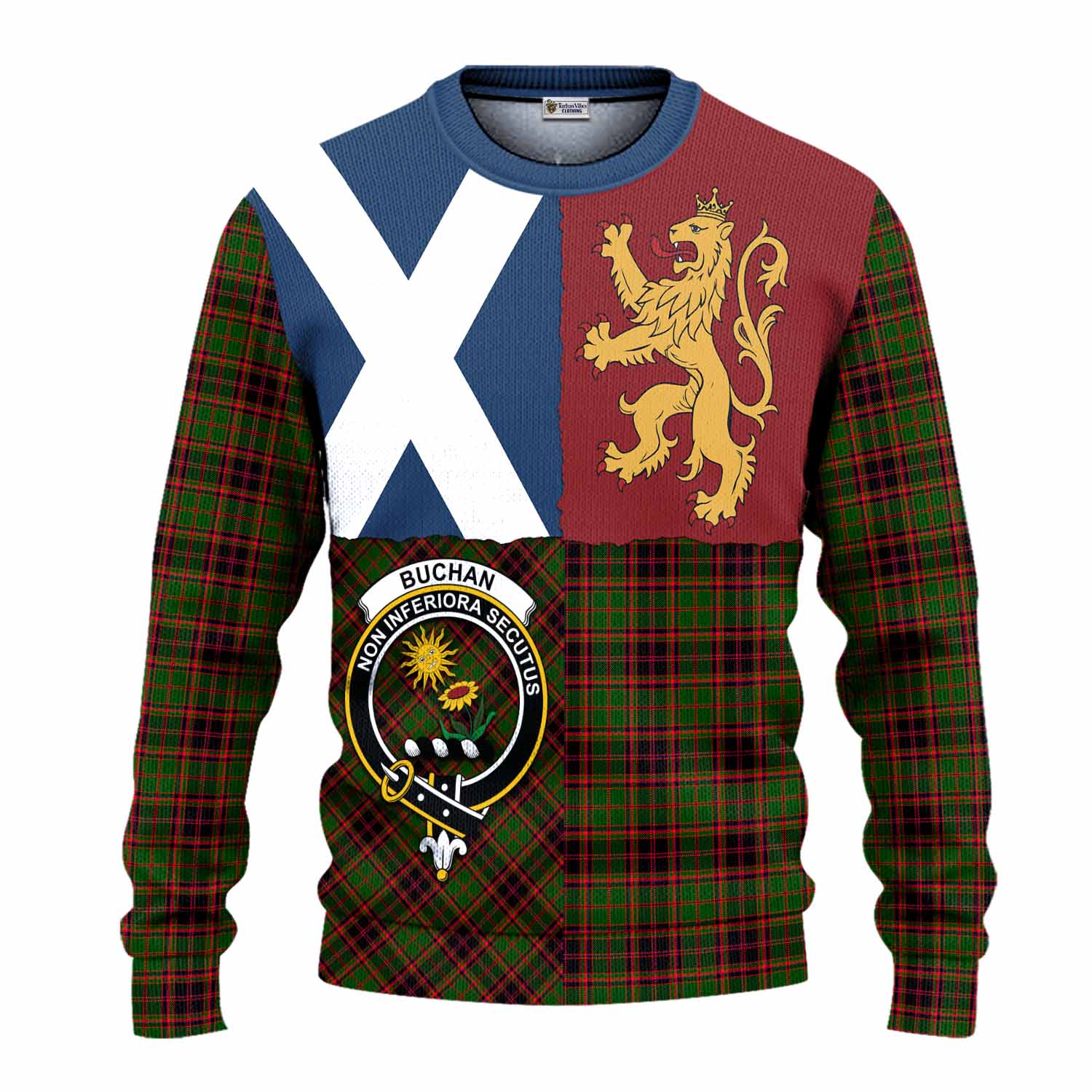 Buchan Crest Tartan Knitted Sweater with Lion Rampant Saltire Style