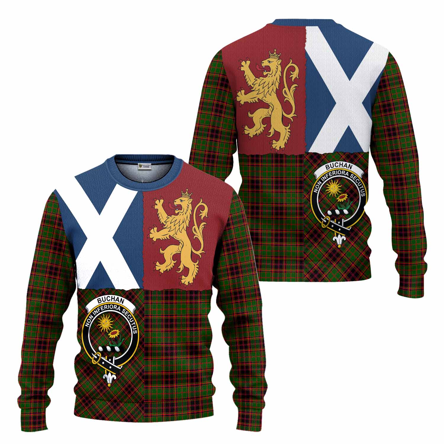 Buchan Crest Tartan Knitted Sweater with Lion Rampant Saltire Style