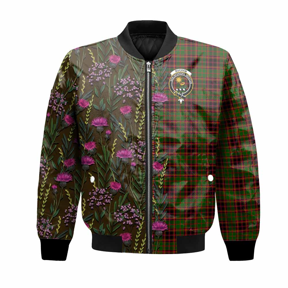 Buchan Family Crest Tartan Bomber Jacket Scottish Thistle Flower Pattern Half Style - Tartan Vibes Clothing