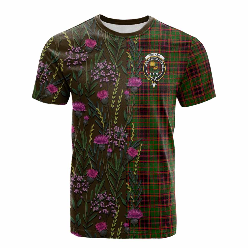 Buchan Family Crest Tartan Cotton T-shirt Scottish Thistle Flower Pattern Half Style - Tartan Vibes Clothing