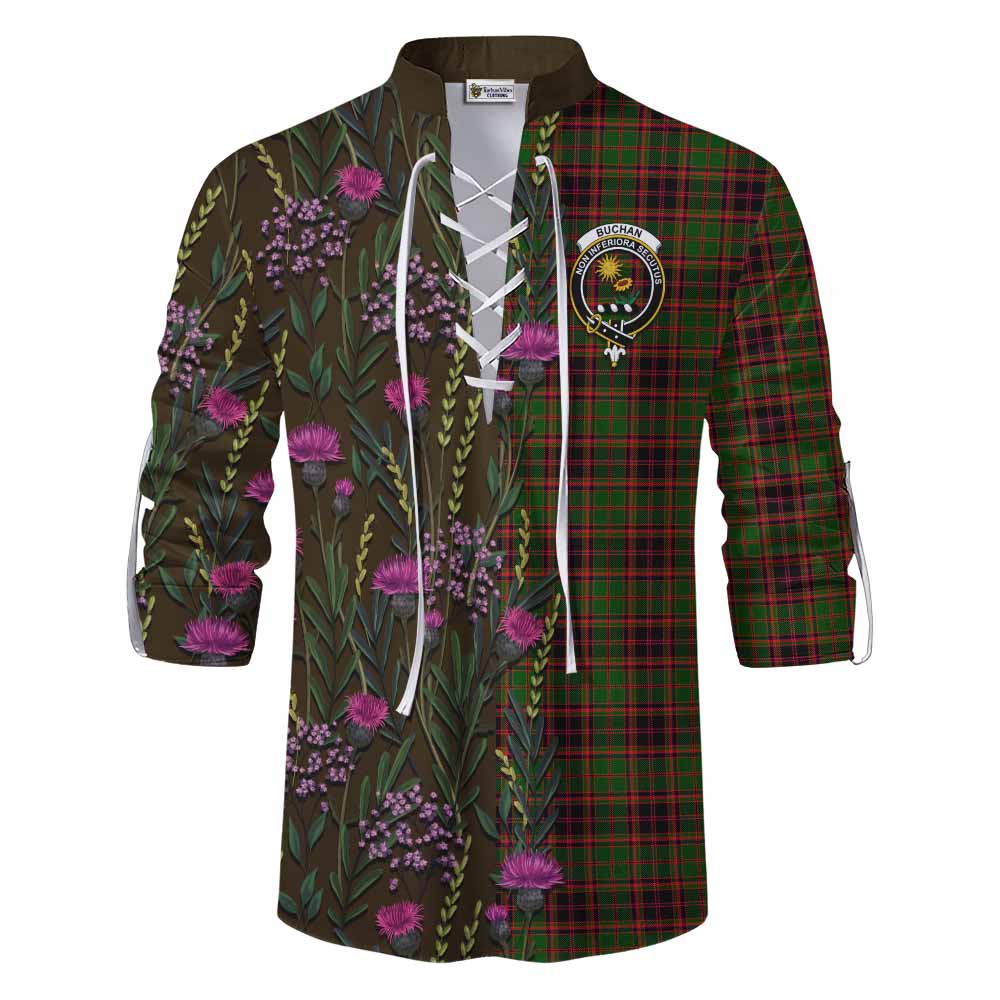 Buchan Family Crest Tartan Ghillie Shirt Scottish Thistle Flower Pattern Half Style - Tartan Vibes Clothing