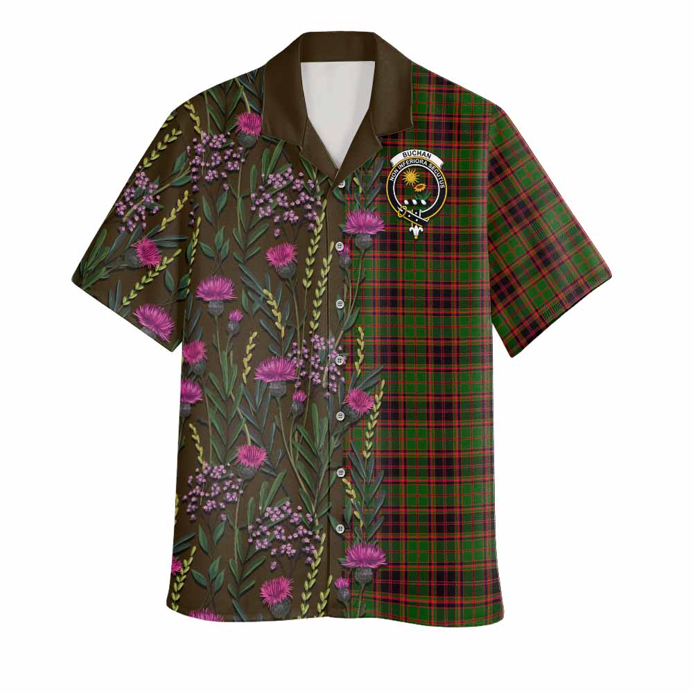 Buchan Family Crest Tartan Hawaiian Shirt Scottish Thistle Flower Pattern Half Style - Tartan Vibes Clothing