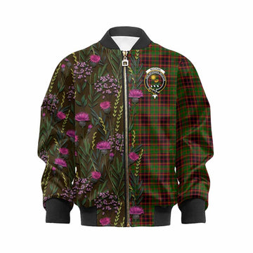 Buchan Family Crest Tartan Kid Bomber Jacket Scottish Thistle Flower Pattern Half Style