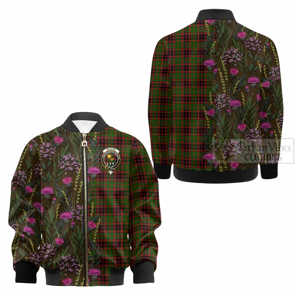 Buchan Family Crest Tartan Kid Bomber Jacket Scottish Thistle Flower Pattern Half Style - Tartan Vibes Clothing