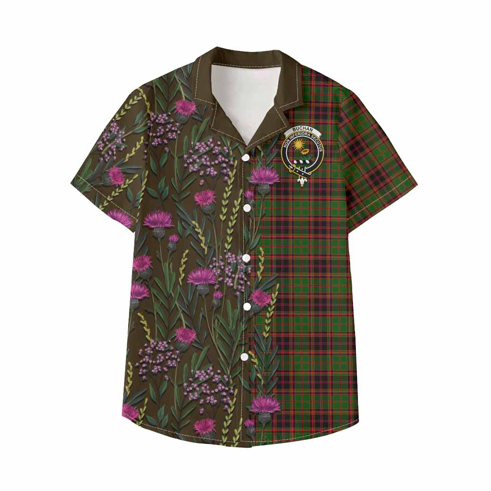 Buchan Family Crest Tartan Kid Hawaiian Shirt Scottish Thistle Flower Pattern Half Style - Tartan Vibes Clothing