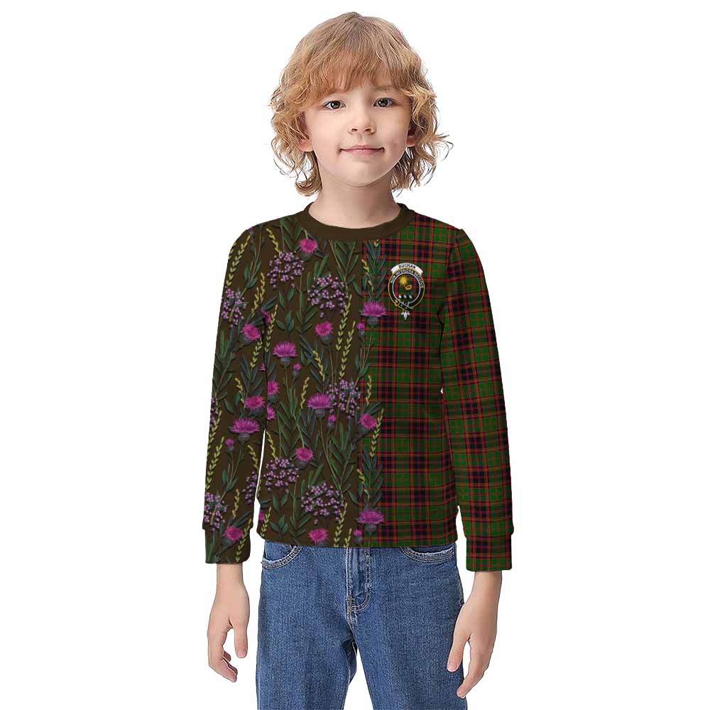 Buchan Family Crest Tartan Kid Knitted Sweatshirt Scottish Thistle Flower Pattern Half Style - Tartan Vibes Clothing