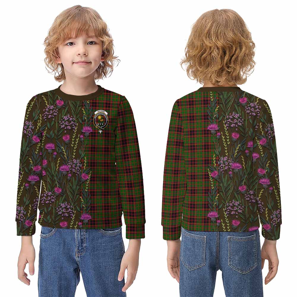 Buchan Family Crest Tartan Kid Knitted Sweatshirt Scottish Thistle Flower Pattern Half Style - Tartan Vibes Clothing
