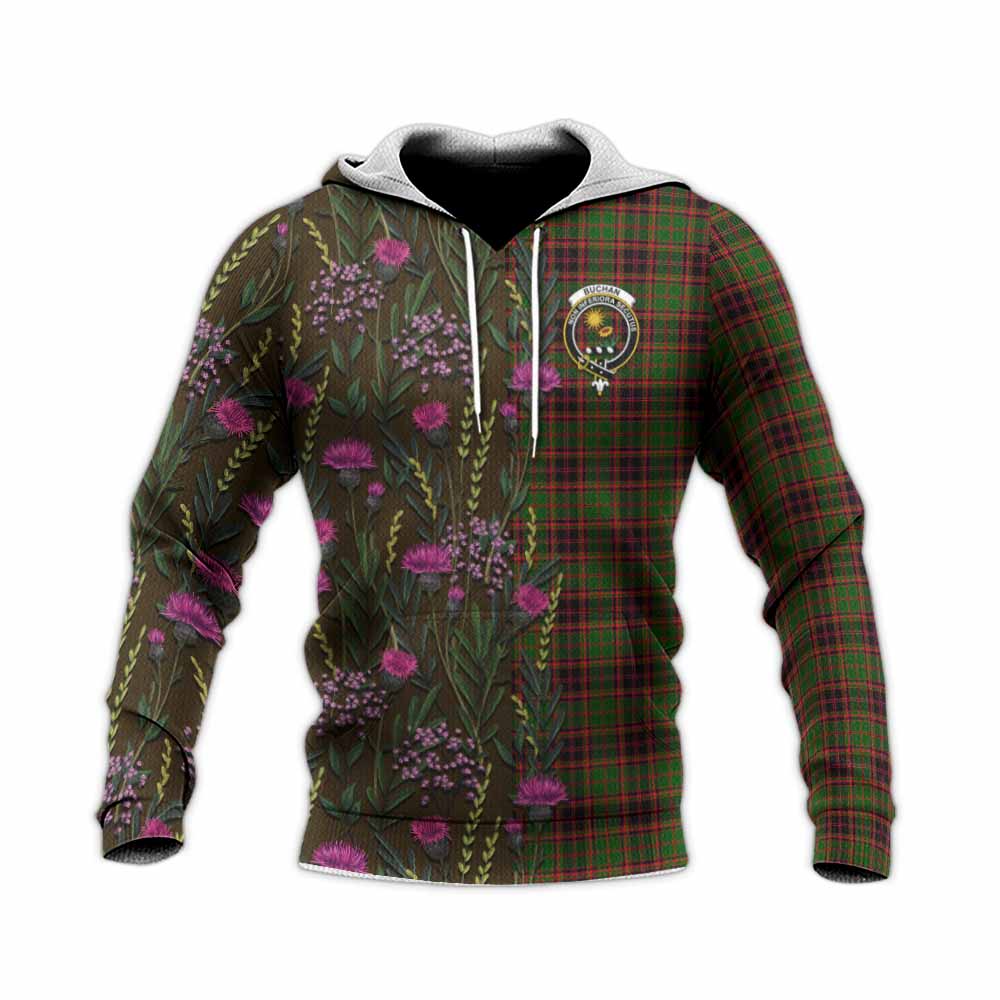 Buchan Family Crest Tartan Knitted Hoodie Scottish Thistle Flower Pattern Half Style - Tartan Vibes Clothing