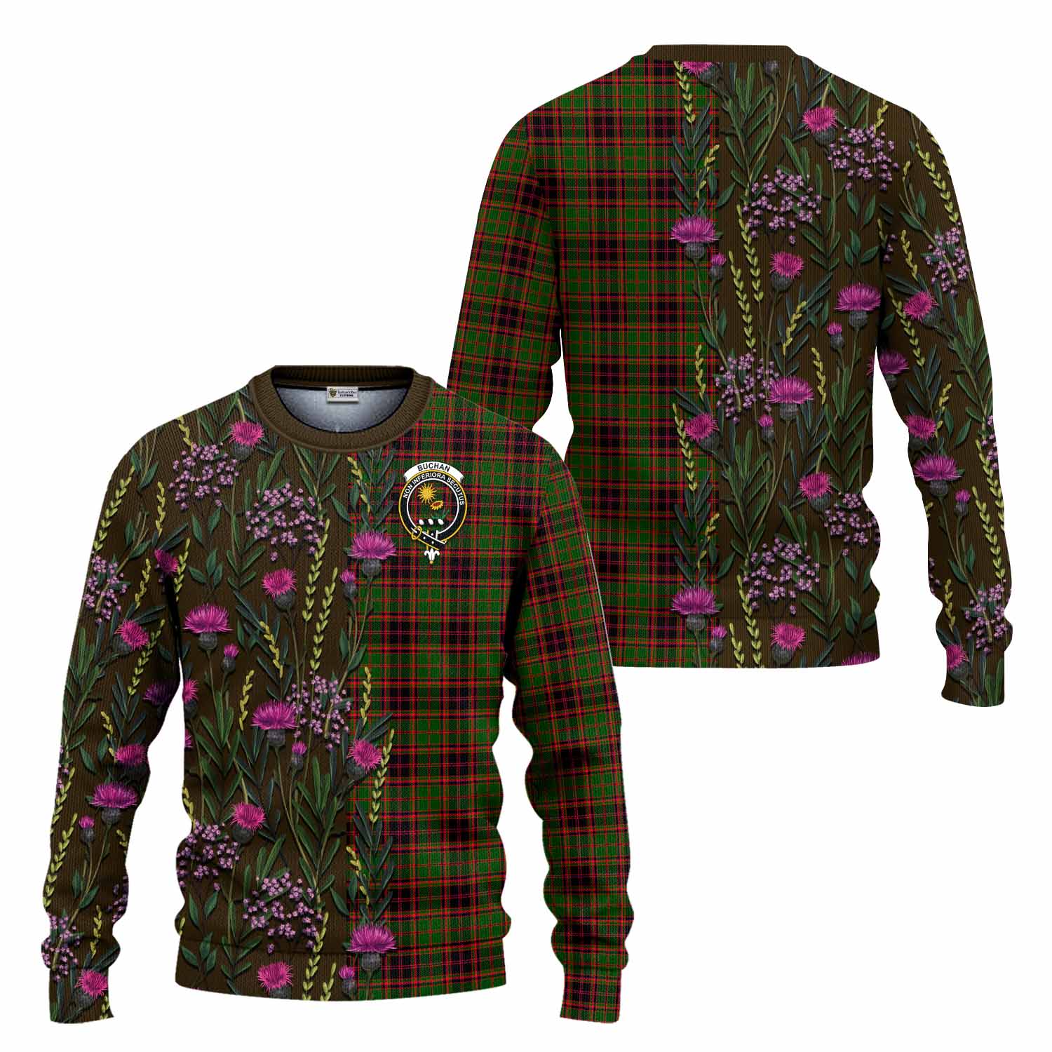 Buchan Family Crest Tartan Knitted Sweater Scottish Thistle Flower Pattern Half Style - Tartan Vibes Clothing