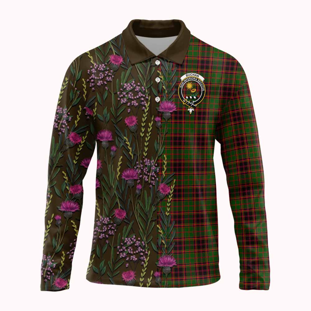 Buchan Family Crest Tartan Long Sleeve Polo Shirt Scottish Thistle Flower Pattern Half Style - Tartan Vibes Clothing