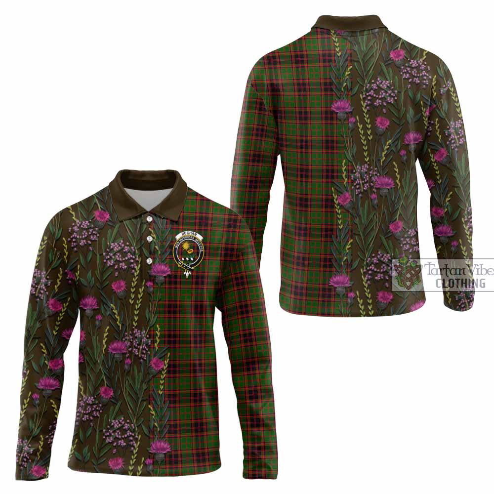 Buchan Family Crest Tartan Long Sleeve Polo Shirt Scottish Thistle Flower Pattern Half Style - Tartan Vibes Clothing
