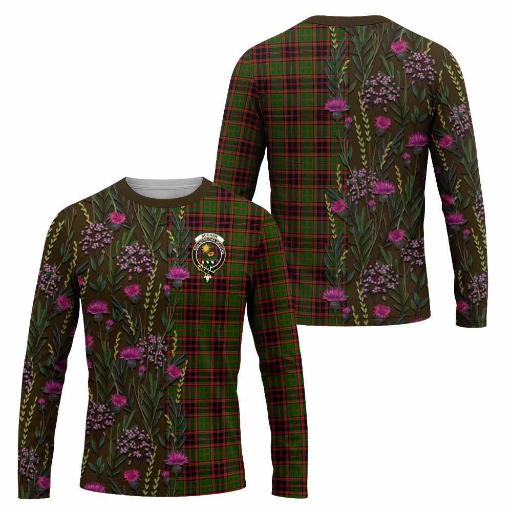 Buchan Family Crest Tartan Long Sleeve T-Shirt Scottish Thistle Flower Pattern Half Style - Tartan Vibes Clothing