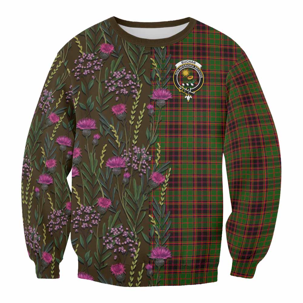 Buchan Family Crest Tartan Sweatshirt Scottish Thistle Flower Pattern Half Style - Tartan Vibes Clothing