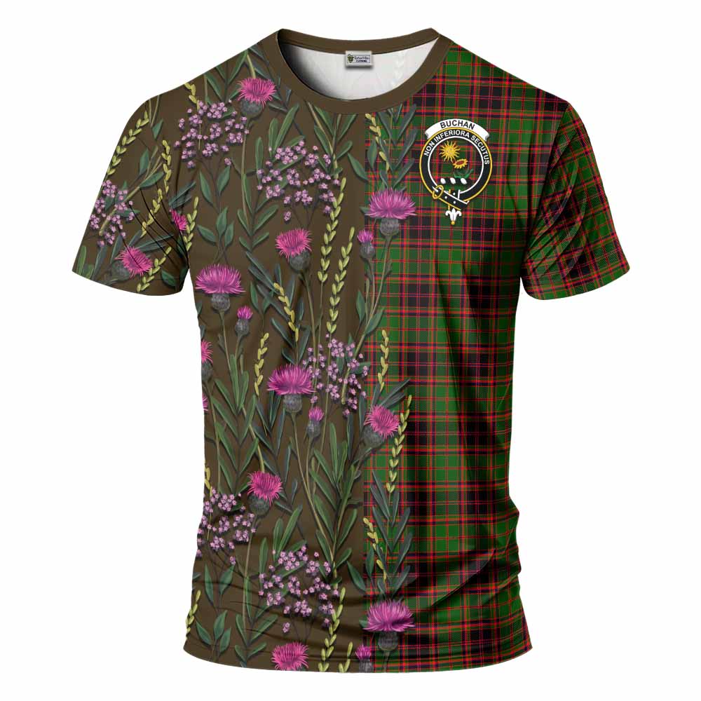 Buchan Family Crest Tartan T-Shirt Scottish Thistle Flower Pattern Half Style - Tartan Vibes Clothing