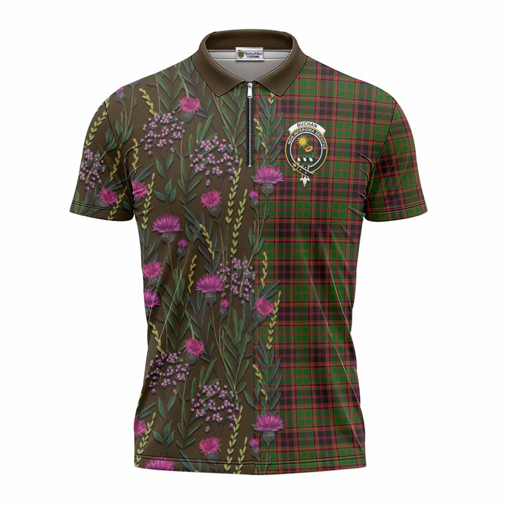 Buchan Family Crest Tartan Zipper Polo Shirt Scottish Thistle Flower Pattern Half Style - Tartan Vibes Clothing